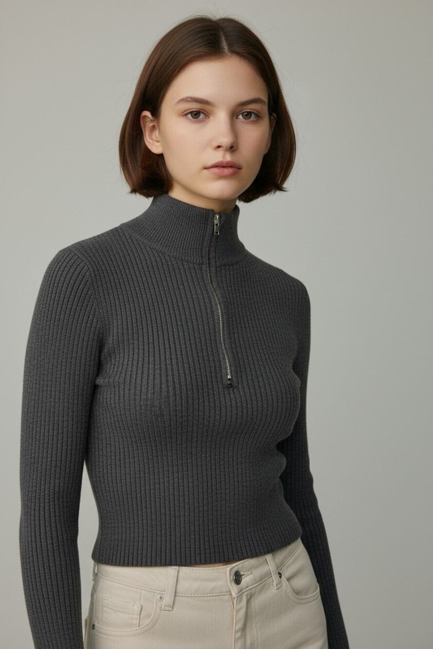 Urban Outfitters Charcoal Grey Chunky Ribbed Knit Cropped Zip Cardigan Sweater